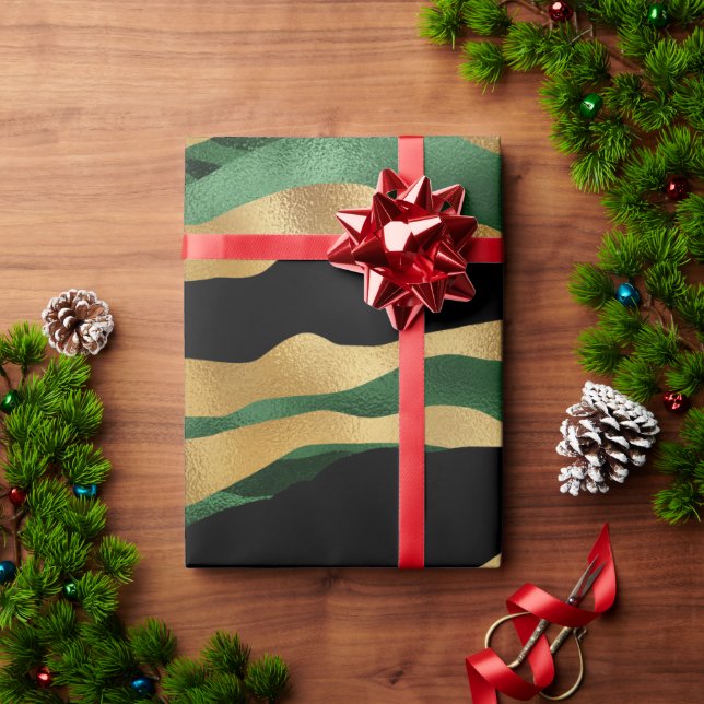 Green Gold Black Glitter Waves Wrapping Paper (Holiday Gift)