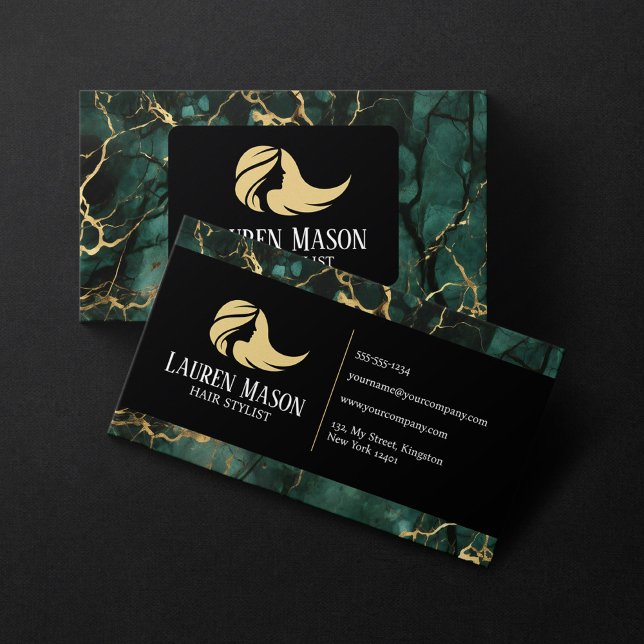 Green Gold Black Marble Hair Stylist Hair Salon Business Card (Creator Uploaded)