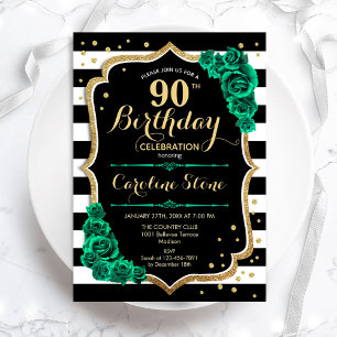 Green Gold Black & White Stripes 90th Birthday Invitation