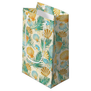 GREEN GOLD BLUE TROPICAL SHELLS AND LEAVES SMALL GIFT BAG