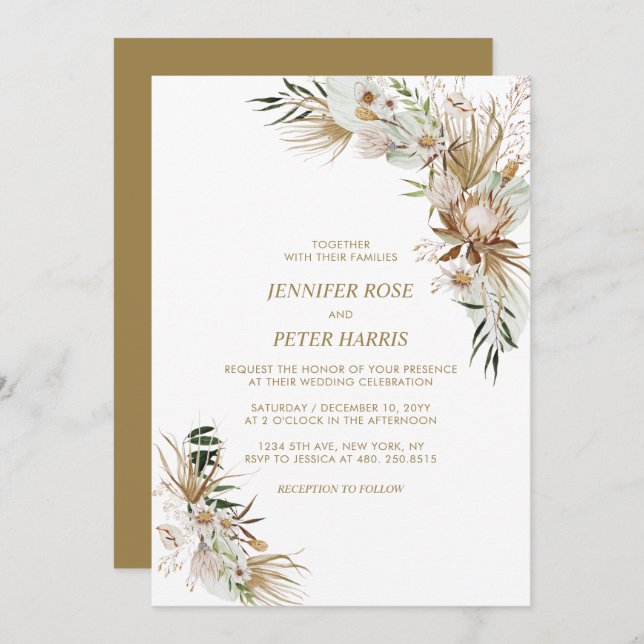 Green & Gold Boho Botanical Wedding Celebration Invitation (Front/Back)