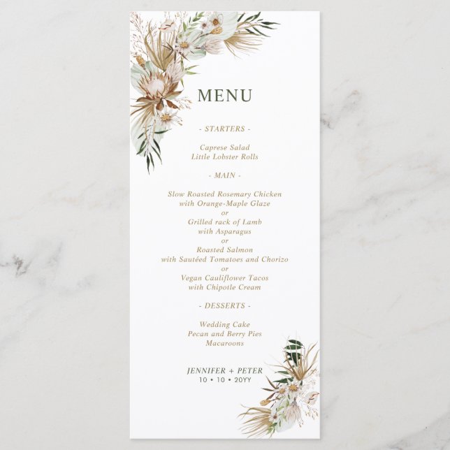 Green & Gold Boho Botanical Wedding Menus (Front)