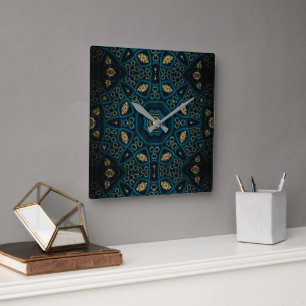Green Gold Boho Rosette Mandala Square Wall Clock