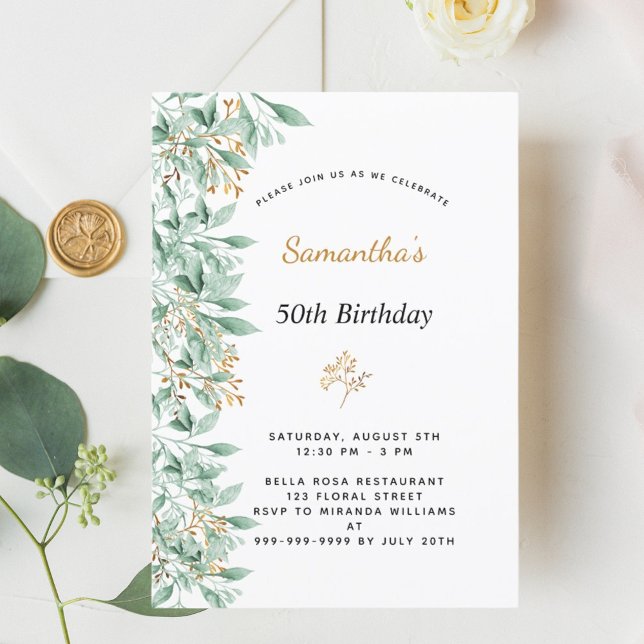 Green gold botanical greenery white birthday invitation (Creator Uploaded)