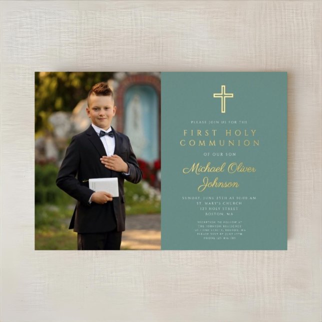 Green Gold Boy Photo First Communion  (Green Gold Boy Photo First Communion Foil Invitation)