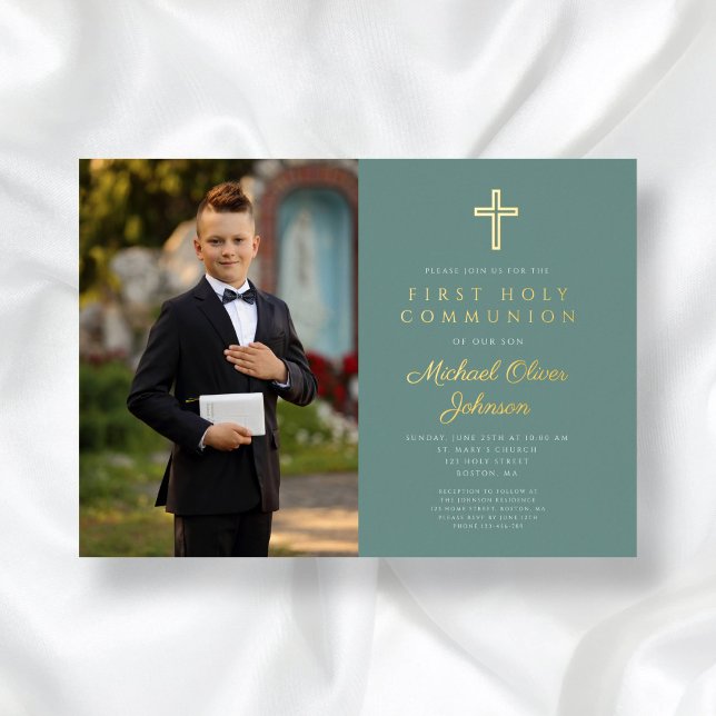 Green Gold Boy Photo First Communion  (Green Gold Boy Photo First Communion Foil Invitation)