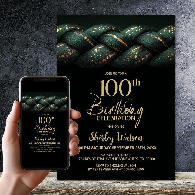 Green Gold Braid 100th Birthday Party Invitation (Creator Uploaded)