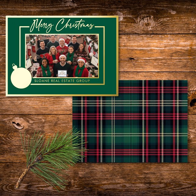 Green Gold Bulb Merry Christmas Script Photo Foil (Green Gold Bulb Merry Christmas Script Photo Foil Foil Holiday Card)