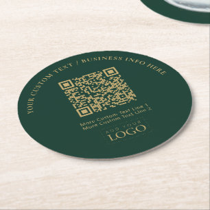 Green & Gold Business Logo QR Code Promotional Round Paper Coaster