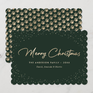 Green Gold Cat Paws Merry Christmas Card