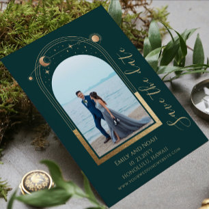 Green Gold Celestial Sun Moon Stars Wedding Photo Save The Date