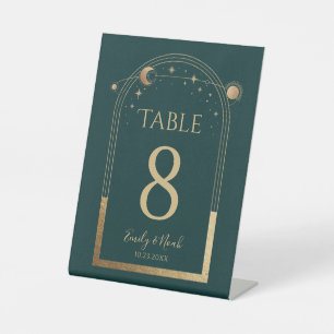 Green Gold Celestial Wedding Table Number Pedestal Sign