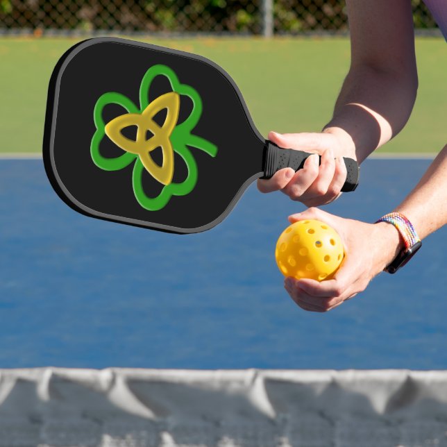 Green Gold Celtic Trinity Knot Shamrock Pickleball Paddle (Insitu)