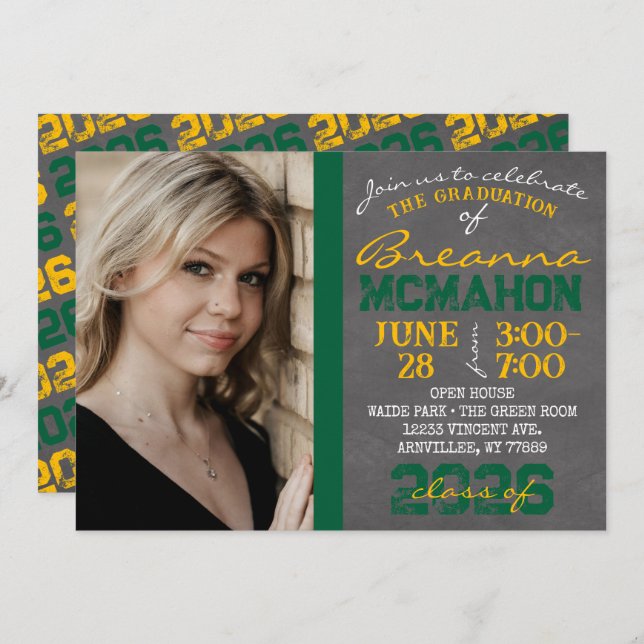 Green & Gold Chalkboard Graduation Photo Invitatio Invitation (Front/Back)
