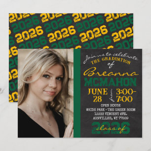 Green & Gold Chalkboard Graduation Photo Invitation