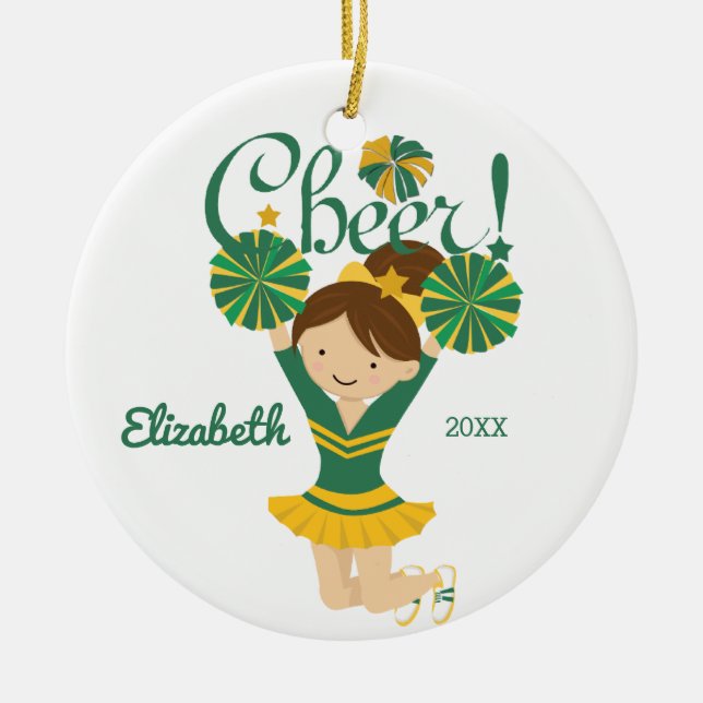 Green & Gold Cheer Brunette Cheerleader Ornament (Front)