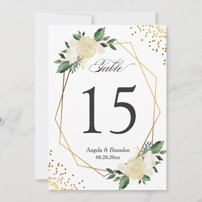 Green Gold Chic Floral Modern 5x7 Table Number (Front)