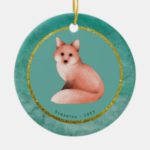 Green Gold Christmas Fox Personalised Name Date Ceramic Tree Decoration