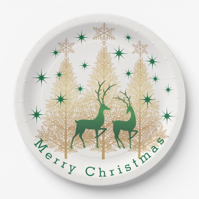 Green & gold Christmas tree, reindeer, snowflakes Paper Plate (Front)
