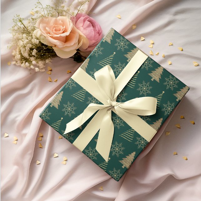 Green Gold Christmas Tree Snowflake Wrapping Paper (Creator Uploaded)