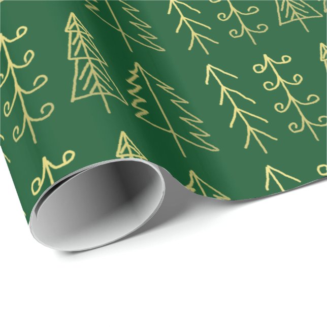 Green Gold Christmas Trees Pattern Modern Wrapping Paper (Roll Corner)