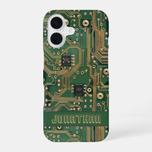Green Gold Circuit Board Personalised iPhone 16 Case