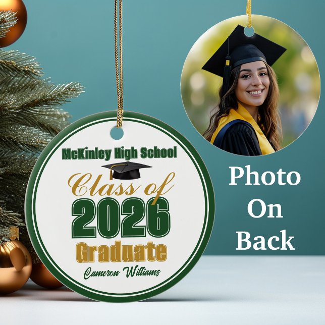 Green Gold Class of 2026 Graduation Photo Ceramic Tree Decoration (Creator Uploaded)