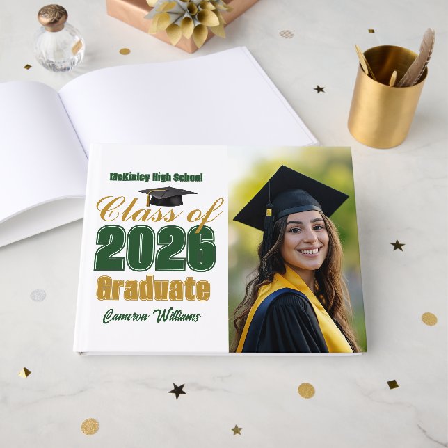 Green Gold Class of 2026 Graduation Photo Guest Book (Front Open)