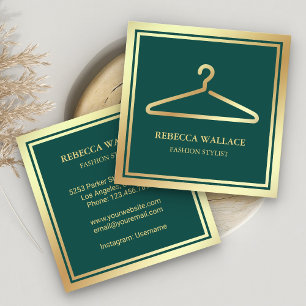Green Gold Clothes Hanger Fashion Stylist Square Business Card