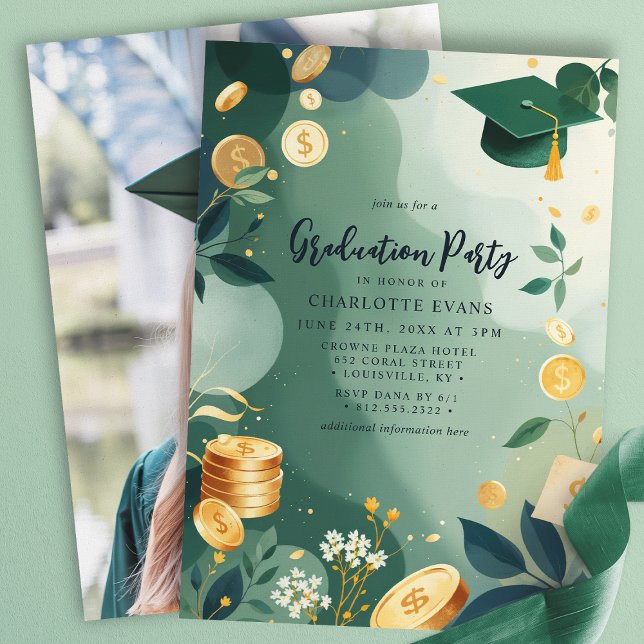 Green Gold Coins Finance Graduation Party Photo Invitation (Creator Uploaded)