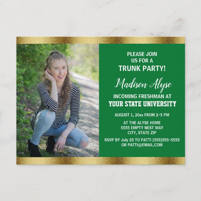 Green Gold College Trunk Graduation Party Photo Postcard (Front)