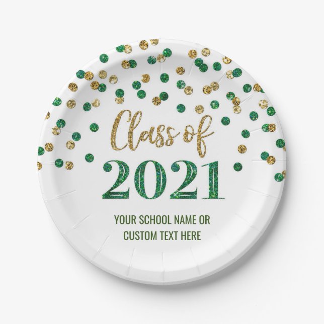 Green Gold Confetti Graduation 2021 Paper Plate (Front)