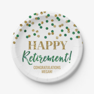 Green Gold Confetti Happy Retirement Paper Plate