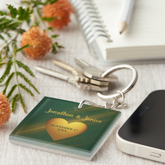 Green & Gold Couples Names & Wedding Date Key Ring (Front Right)