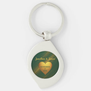 Green & Gold Couples Names & Wedding Date Key Ring