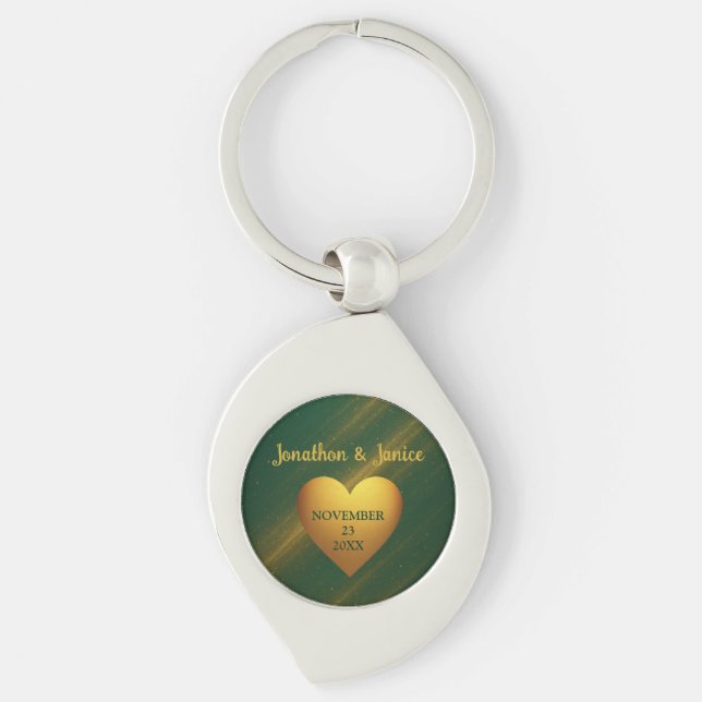 Green & Gold Couples Names & Wedding Date Key Ring (Front)