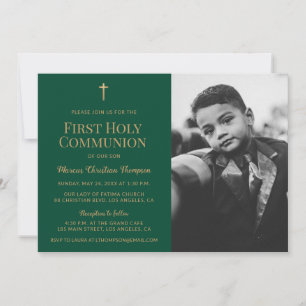 Green Gold Cross Boy First holy communion   Invitation