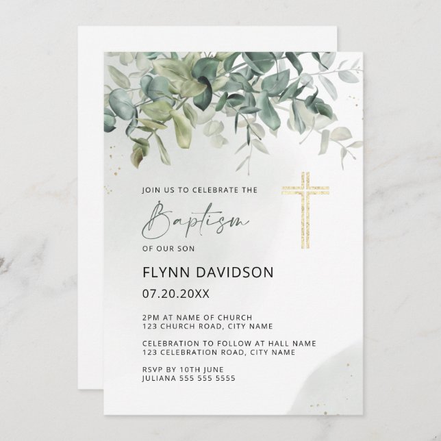 Green & Gold Cross Greenery Baptism Christening Invitation (Front/Back)