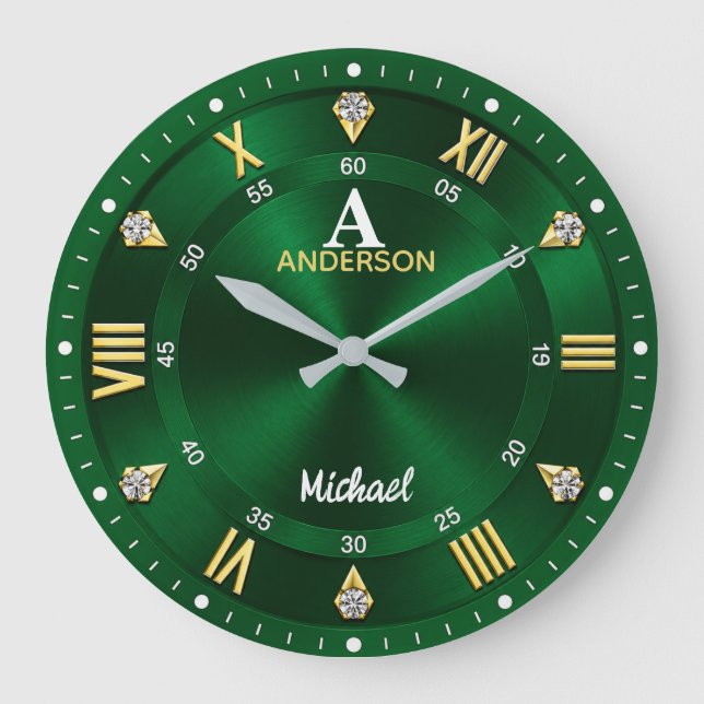 Green Gold & Crystal Elegant Luxury Emerald  Large Clock (Front)