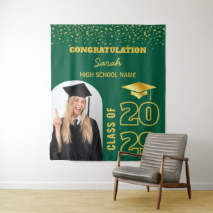 Green & Gold Custom Graduation Backdrop With Photo Tapestry