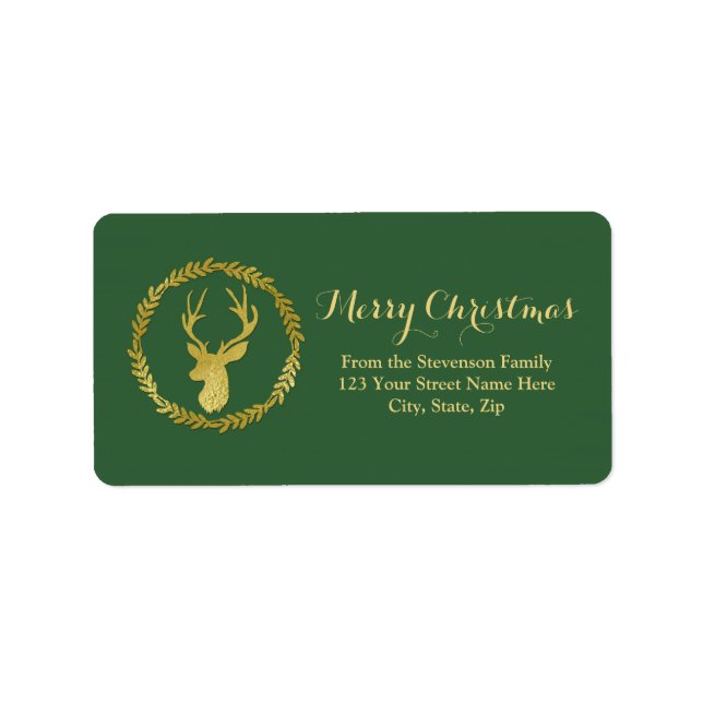 Green Gold Deer Wreath Christmas Address Label (Front)