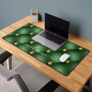 Green Gold Diamond Tufted Custom Name Desk Mat