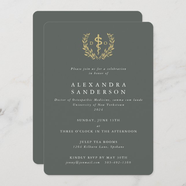 Green/Gold Doctor of Osteopathic Medicine Grad Invitation (Front/Back)