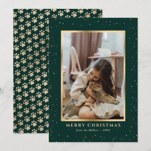 Green Gold Dog Cat Paws Snow Photo Christmas Card