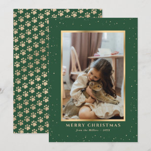 Green Gold Dog Cat Paws Snow Photo Christmas Card