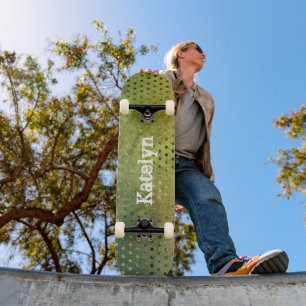 Green gold dots abstract watercolor monogram type  skateboard
