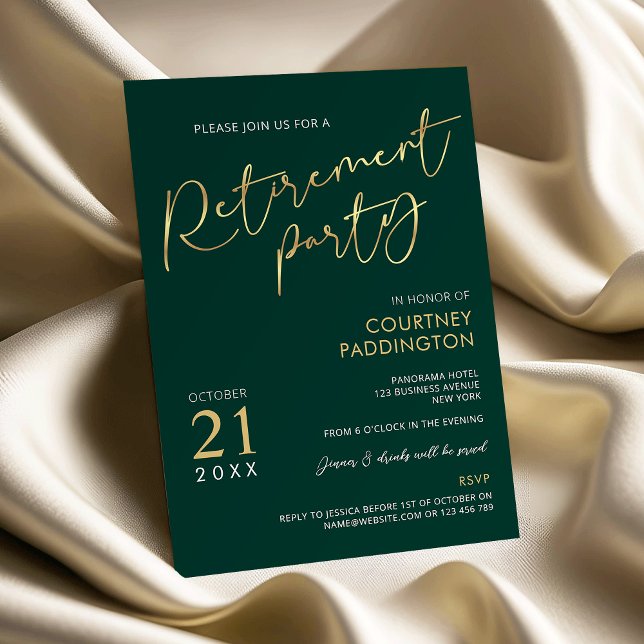 Green & Gold Elegant Corporate Retirement Party Invitation (Modern emerald green and faux gold retirement party invitation)