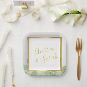 Green & Gold Elegant Eucalyptus Minimalist Paper Plate