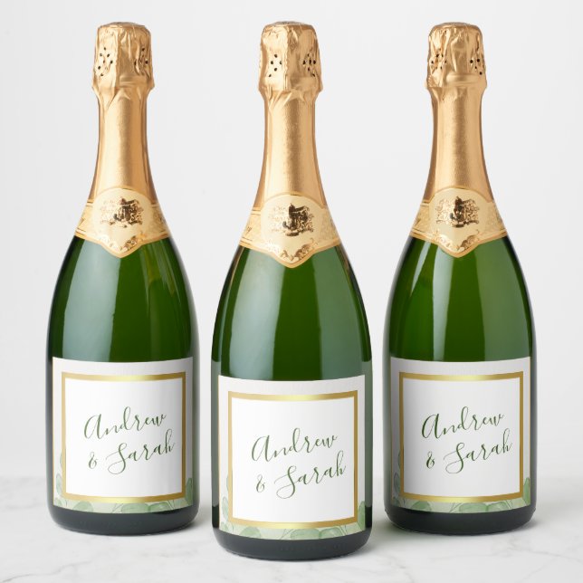 Green & Gold Elegant Eucalyptus  Sparkling Wine Label (Bottles)