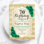 Green Gold Elegant Floral 70th Birthday Invitation<br><div class="desc">70th Birthday Party Invitation. Elegant floral emerald green design with roses. Features faux glitter gold stripes and script font. Perfect for a stylish womens bday celebration. Can be customized for any age! Printed Zazzle invitations or instant download digital printable template.</div>